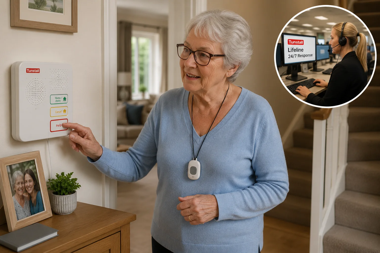 Illustration of a wearable alarm and home telecare equipment