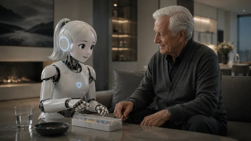 A cute female-coded care robot helping an older man with a medication organiser