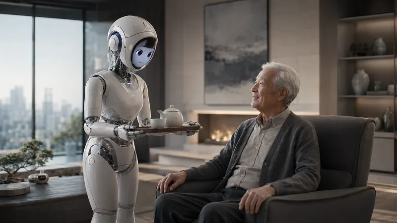 A friendly female-coded care robot serving tea to an older man