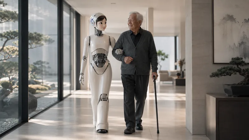 A friendly female-coded care robot walking beside an older man with a cane