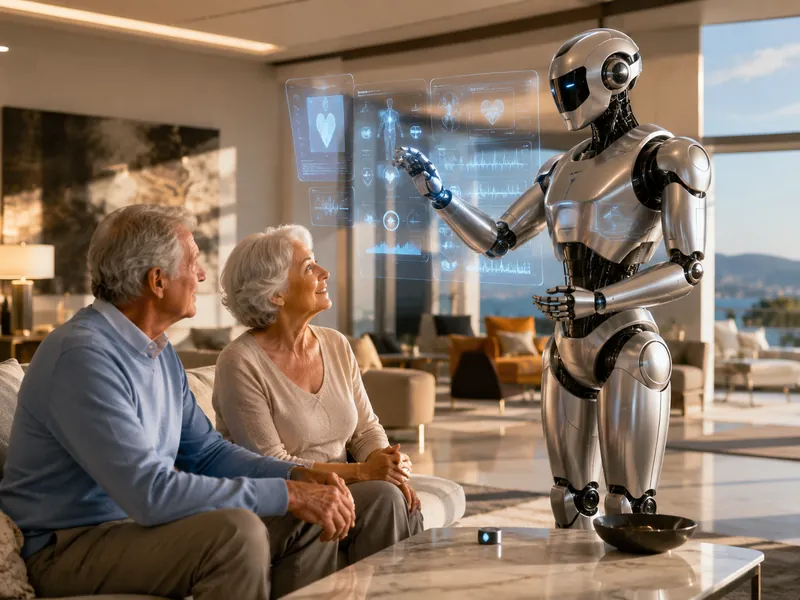 A polished humanoid robot presenting a futuristic health display to an older couple