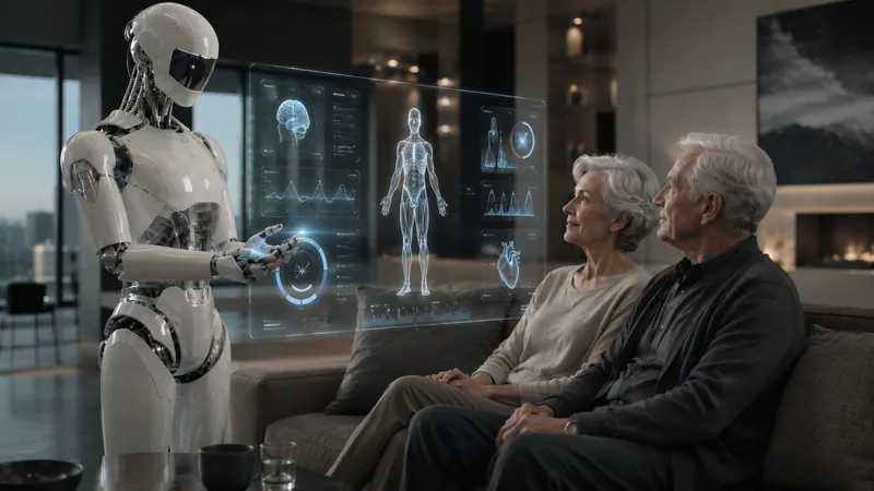 A silver humanoid care robot discussing health information with an older couple