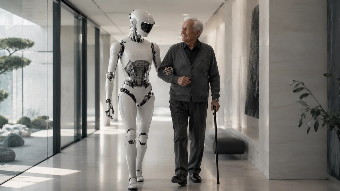 A clearly synthetic humanoid robot supporting an older man while walking through a modern home
