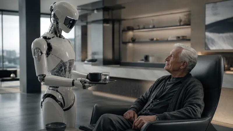 A sleek clearly synthetic humanoid robot serving an older man at home