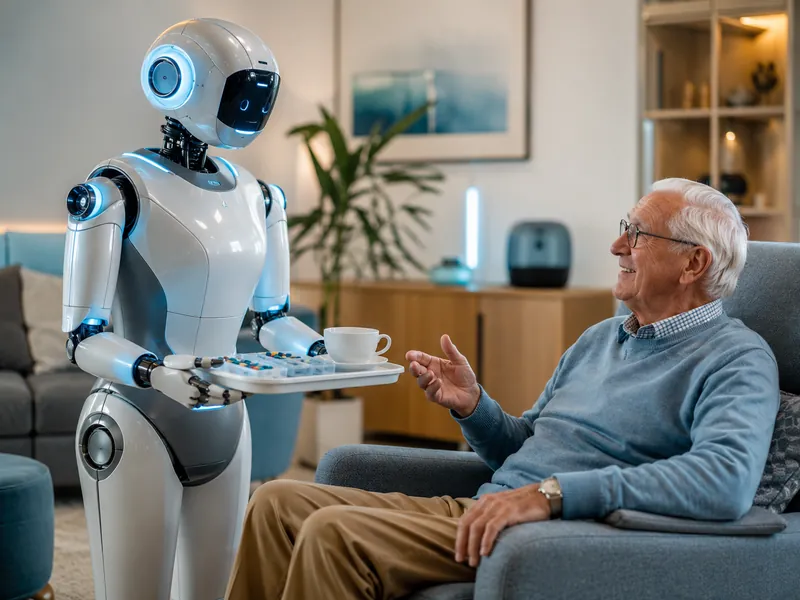 A friendly humanoid robot bringing tea and a medication tray to an older man
