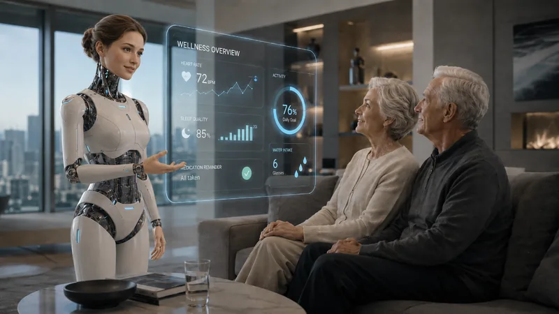 A female care android with a synthetic skin face presenting a wellness display to an older couple